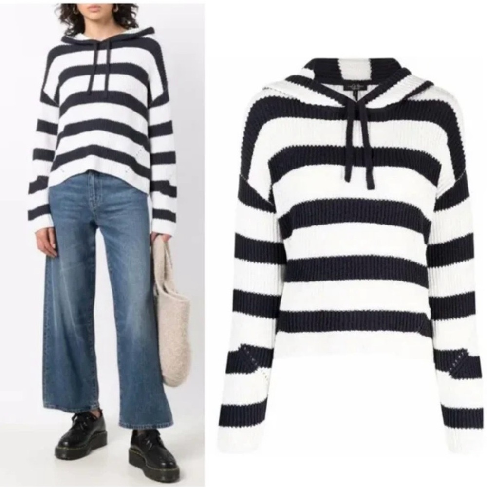 Rag & Bone Sunny Striped Nautical Navy White Organic Cotton Hoodie Sweater S